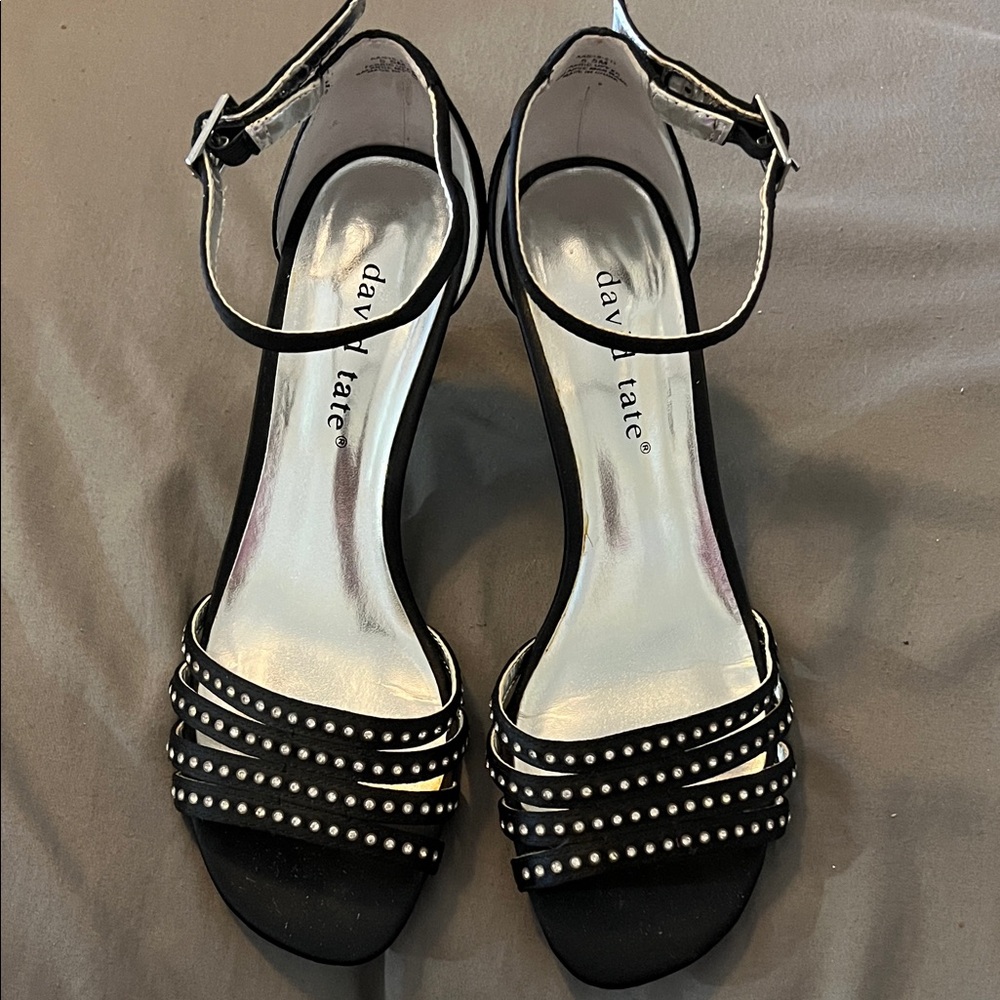 David Tate Black and Silver Strappy Heels, size 5.5, 3’ heel